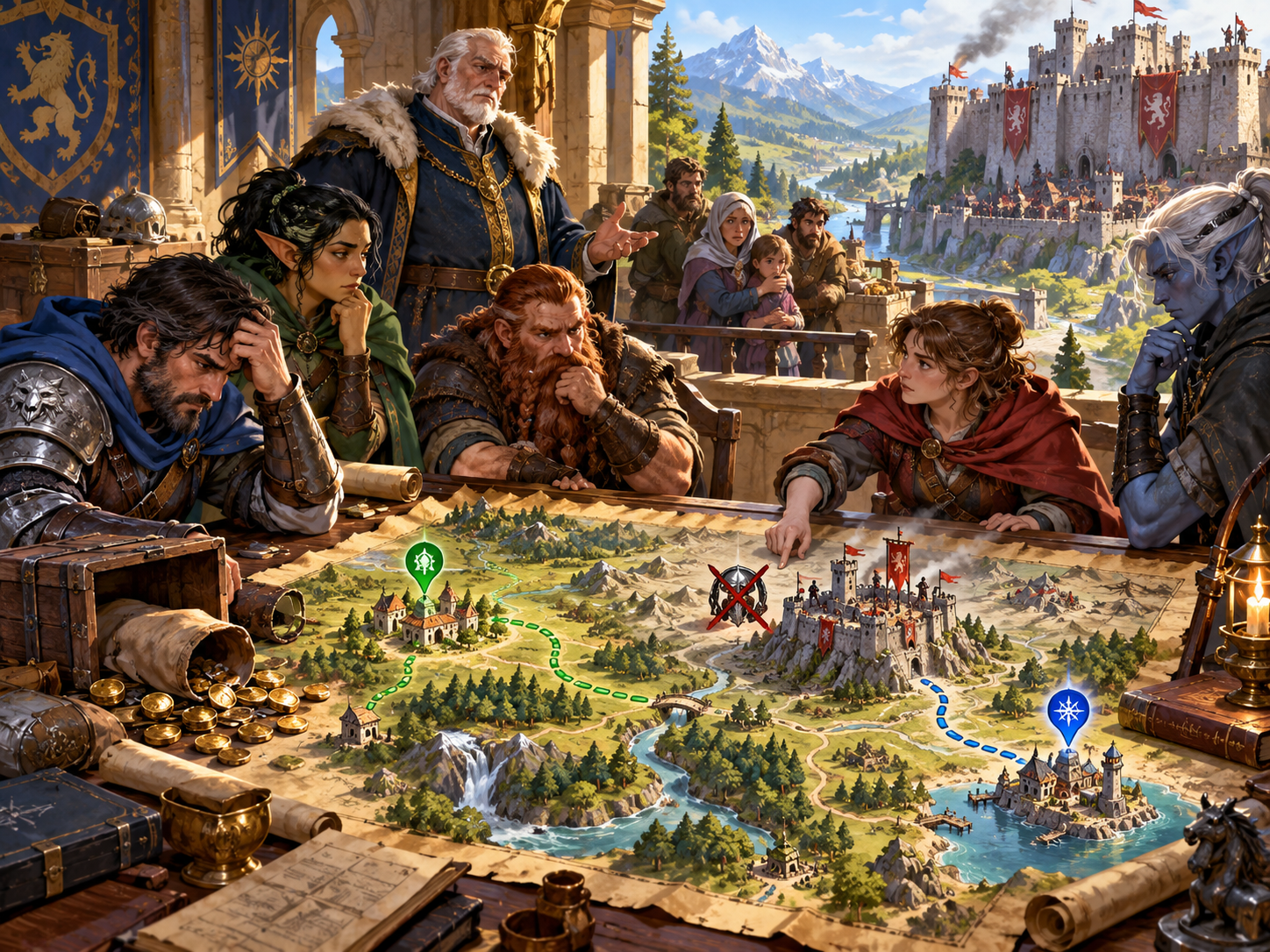 Illustration of adventurers reviewing recovery routes beside a family a ruler and a crossed-out quest objective