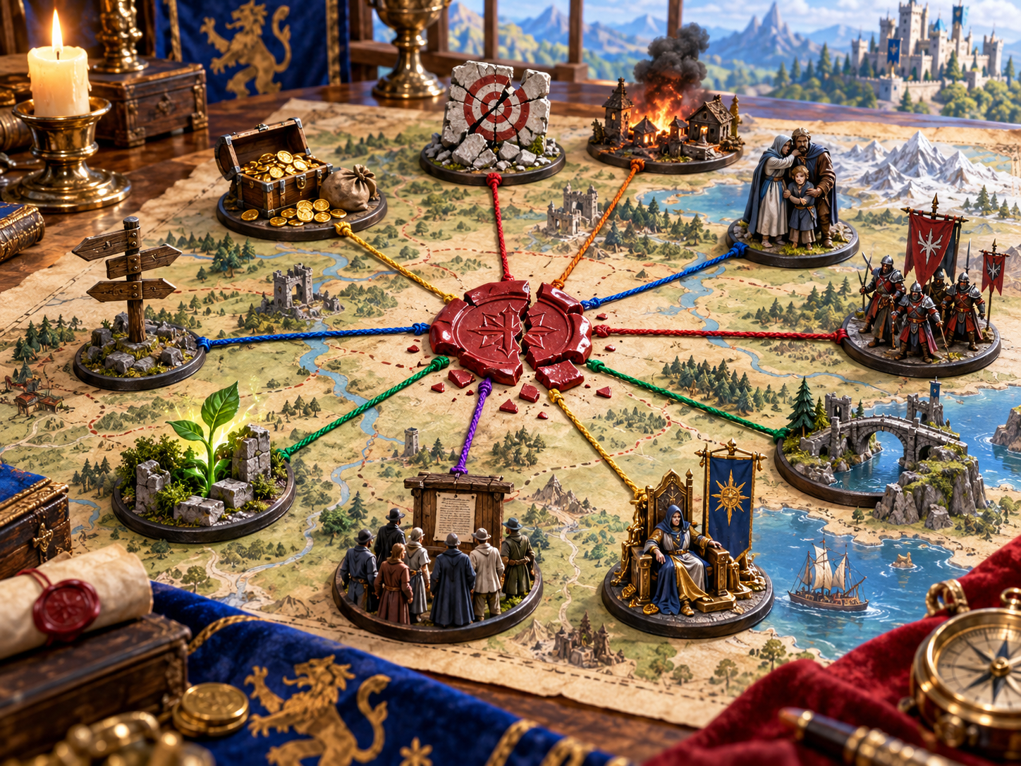 Illustration of a broken quest seal linked to people coins soldiers settlements and locations
