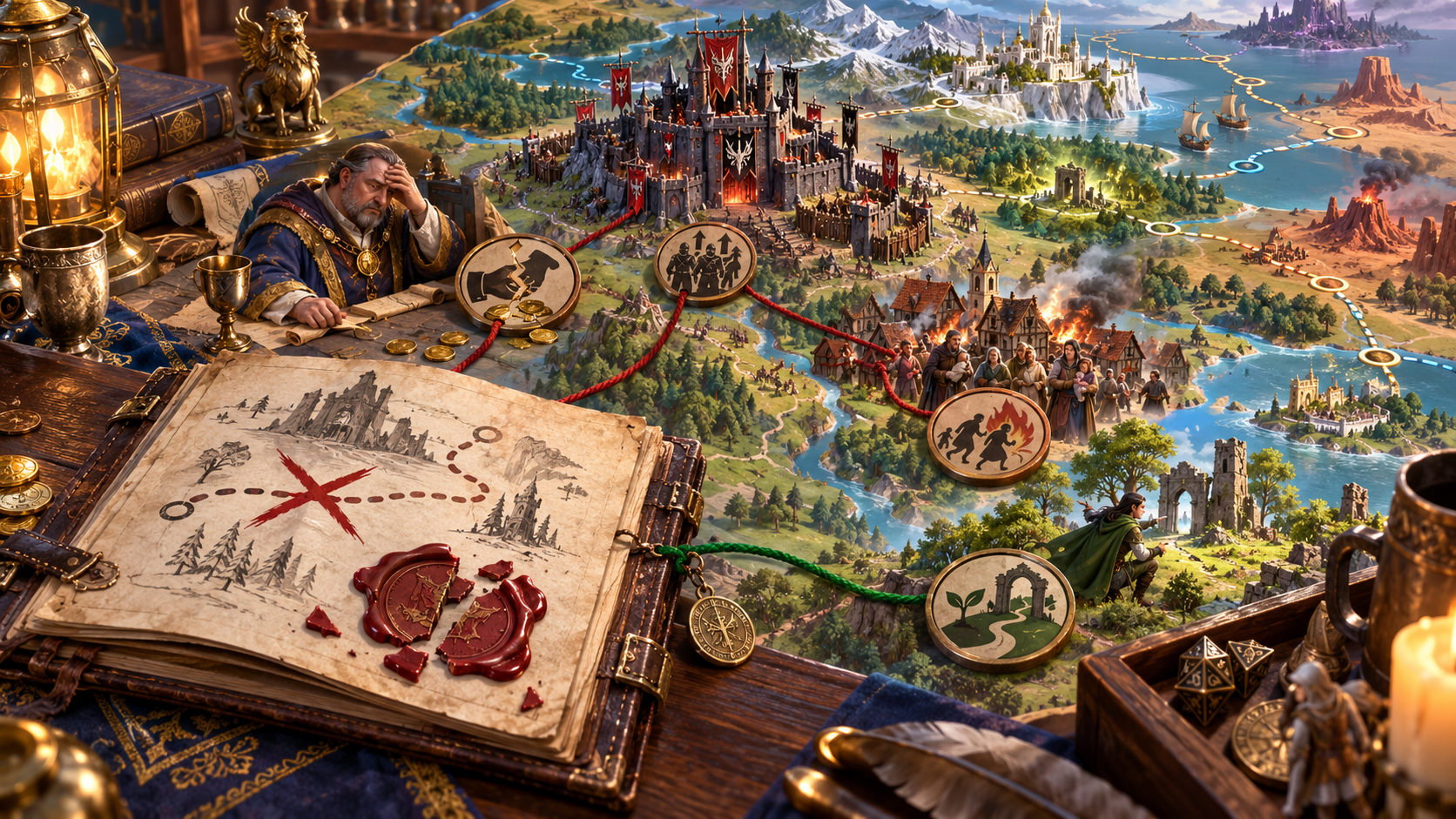Illustration of a missed quest objective with consequences and routes across a campaign map